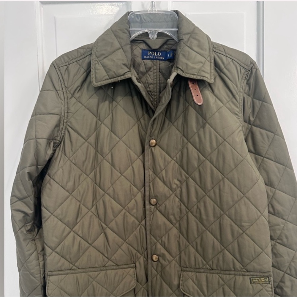 Polo by Ralph Lauren Olive Green Quilted Jacket with Brown Leather Trim